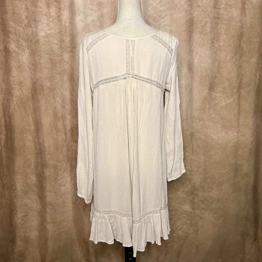 Free People Sweet Treat Mini Shirt Dress Crinkle Long Sleeve Tunic Cream Peasant